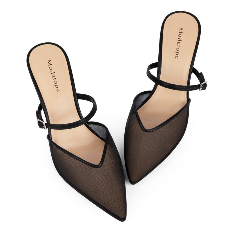 Modatope Cloed Toe Black Heels for Women Ankle Strap Pointed Toe Pumps Stiletto Mesh Heel Mules Dressy Party Sandals Women Size 8 - Image 5