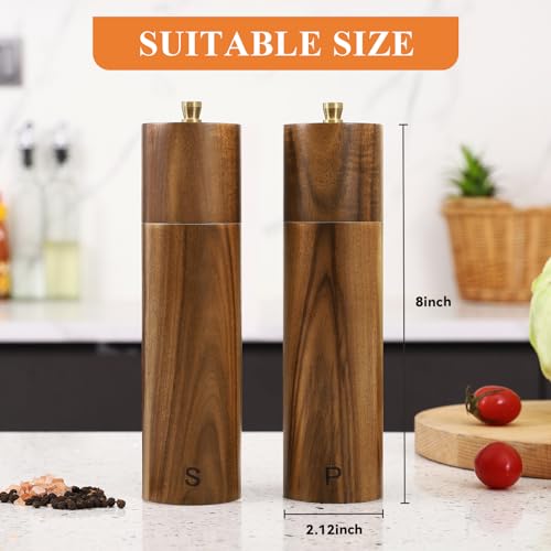 Yvake Wooden Salt and Pepper Grinder Set,8 Inch Manual Salt and Pepper Mill, Adjustable Coarseness and Refillable,Acacia Wood Pepper Grinder for your kitchen[Set of 2] - Image 2
