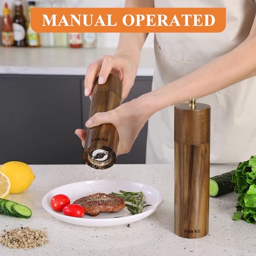 Yvake Wooden Salt and Pepper Grinder Set,8 Inch Manual Salt and Pepper Mill, Adjustable Coarseness and Refillable,Acacia Wood Pepper Grinder for your kitchen[Set of 2] - Image 5