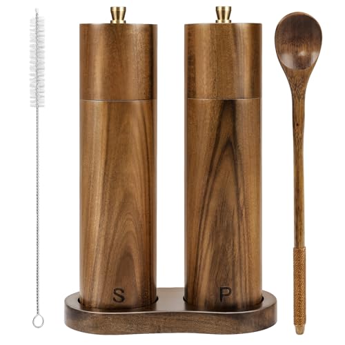 Yvake Wooden Salt and Pepper Grinder Set,8 Inch Manual Salt and Pepper Mill, Adjustable Coarseness and Refillable,Acacia Wood Pepper Grinder for your kitchen[Set of 2] - Image 1