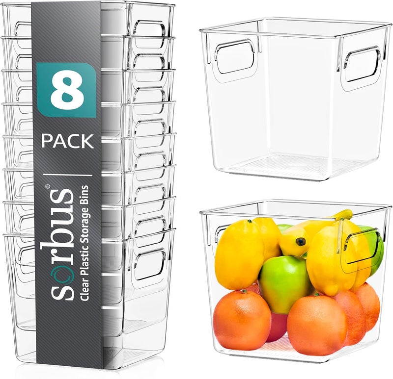 سوربوس صناديق تخزين بلاستيكية شفافة صغيرة من للرفوف والملابس، مزودة بمقبض - صناديق تخزين شفافة، أدراج، رفوف، خزائن الملابس، خزائن الطعام، تنظيمات للثلاجة والفريزر، منظمات للخزائن (عبوة تحتوي على 8 قطع) - Image 1