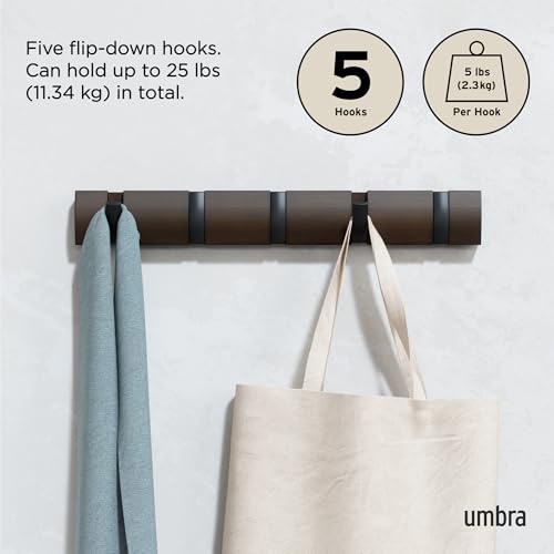 Umbra Flip Wall-Mounted Coat Rack Rail Hook for Hats, Jackets, Bags and More – Modern, Space-Saving Storage Organizer for Entryway, Mudroom, Closet, Bathroom, Bedroom, Kids Room, or Nursery, 5 Hooks, - Image 5