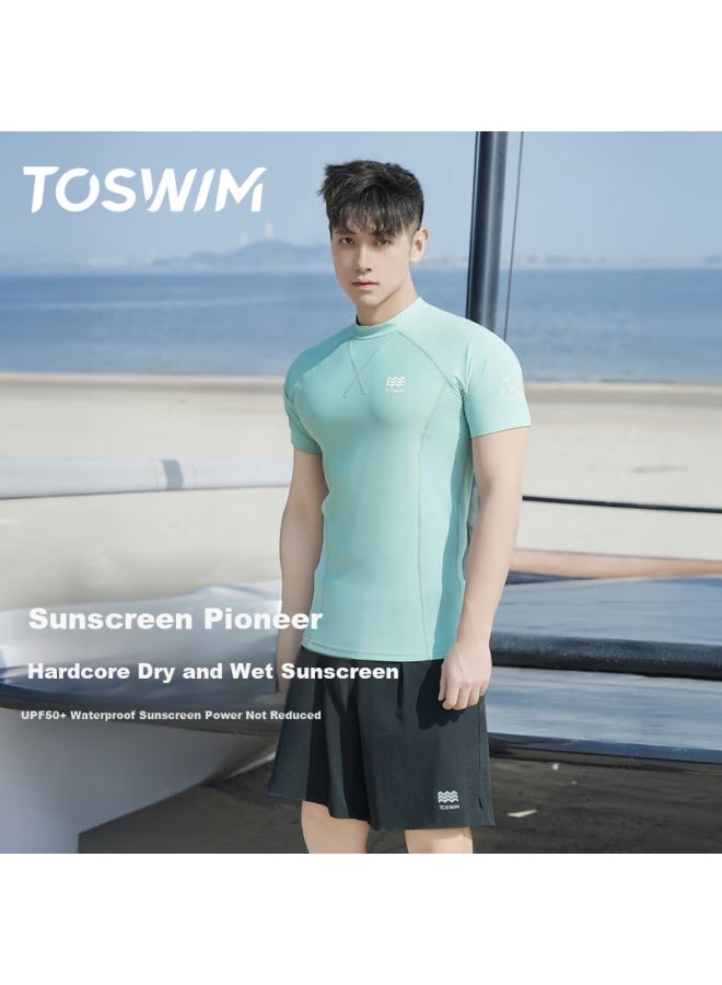 Toswim Men's Swimwear Surfing Suit Short Sleeve Sun Protection Quick-dry Water-ready Single Top, Oasis Green 4XL - Image 1