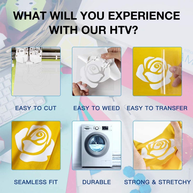 HTVRONT أشرطة فينيل HTVRONT HTV لنقل الحرارة - 12 بوصة × 8 أقدام فينيل أبيض HTV للقمصان، فينيل للكي لجميع آلات القطع - سهل القطع والتخلص من الزوائد لتصميم فينيل الحرارة (أبيض) - Image 3