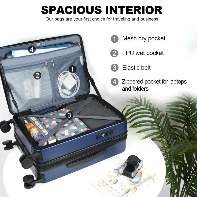 KROSER Carry On Luggage with Spinner Wheels & Built-in TSA Lock, Expandable Top Opening Hard Shell Suitcase Large Capacity Durable Rolling Luggage with USB Port, Carry-On 20-Inch, Navy - Image 3