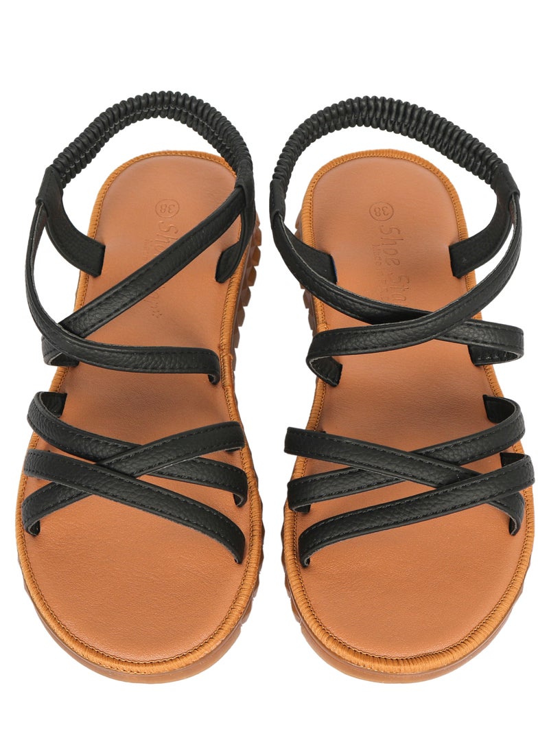 Ladies Flat Sandal Black/Tan with straps Open Toe, Casual, Soft  - Image 2