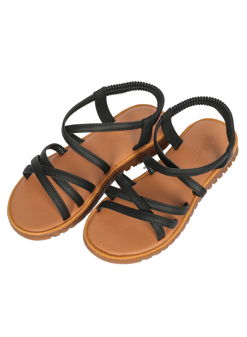 Ladies Flat Sandal Black/Tan with straps Open Toe, Casual, Soft  - Image 1