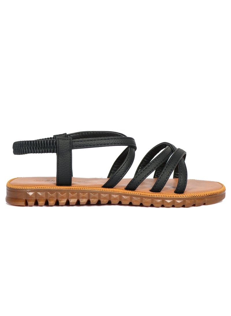 Ladies Flat Sandal Black/Tan with straps Open Toe, Casual, Soft  - Image 3