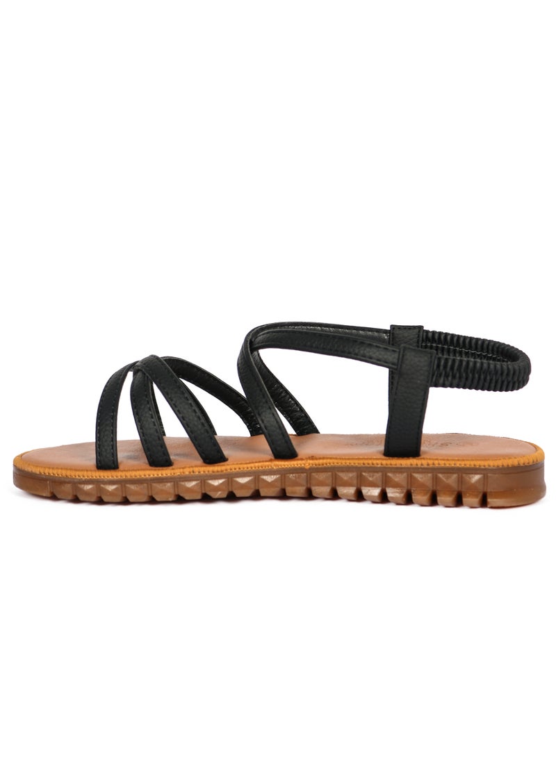 Ladies Flat Sandal Black/Tan with straps Open Toe, Casual, Soft  - Image 4
