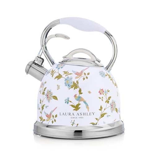 LAURA ASHLEY VQ Laura Ashley Elveden White 2.5L Stainless Steel Tea Kettle Stovetop Whistling Teapot for Induction, Gas Hob or others. Silicon Coated Cool Handle & Push Button Mechanism Vintage Stove Top Kettle - Image 1