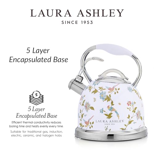 LAURA ASHLEY VQ Laura Ashley Elveden White 2.5L Stainless Steel Tea Kettle Stovetop Whistling Teapot for Induction, Gas Hob or others. Silicon Coated Cool Handle & Push Button Mechanism Vintage Stove Top Kettle - Image 5