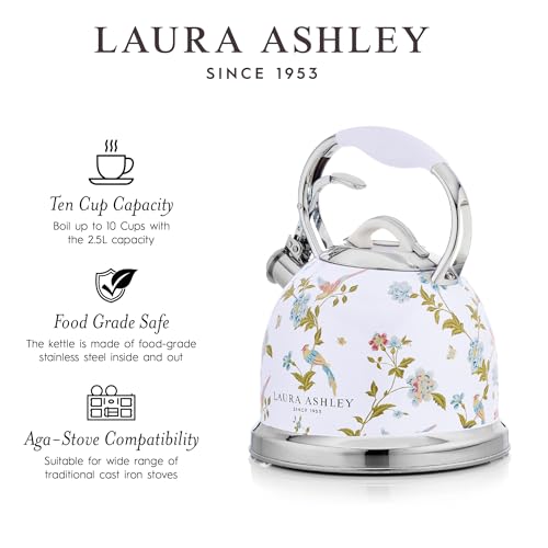 LAURA ASHLEY VQ Laura Ashley Elveden White 2.5L Stainless Steel Tea Kettle Stovetop Whistling Teapot for Induction, Gas Hob or others. Silicon Coated Cool Handle & Push Button Mechanism Vintage Stove Top Kettle - Image 4