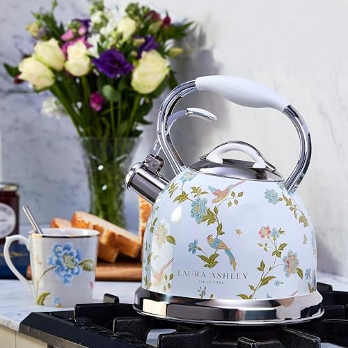 LAURA ASHLEY VQ Laura Ashley Elveden White 2.5L Stainless Steel Tea Kettle Stovetop Whistling Teapot for Induction, Gas Hob or others. Silicon Coated Cool Handle & Push Button Mechanism Vintage Stove Top Kettle - Image 2