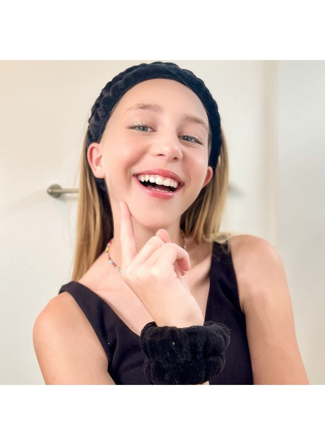 FROG SAC Puffy Spa Headband And Wristbands For Face Washing Fuzzy Skincare Headbands For Women Soft Makeup Skin Care Hair Accessories For Girls Bubble Make Up Sleepover Party Supplies (Black)  - Image 4