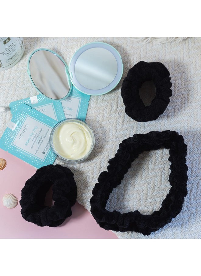 FROG SAC Puffy Spa Headband And Wristbands For Face Washing Fuzzy Skincare Headbands For Women Soft Makeup Skin Care Hair Accessories For Girls Bubble Make Up Sleepover Party Supplies (Black)  - Image 5