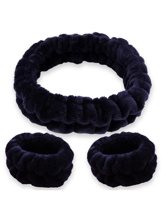 FROG SAC Puffy Spa Headband And Wristbands For Face Washing Fuzzy Skincare Headbands For Women Soft Makeup Skin Care Hair Accessories For Girls Bubble Make Up Sleepover Party Supplies (Black)  - Image 1