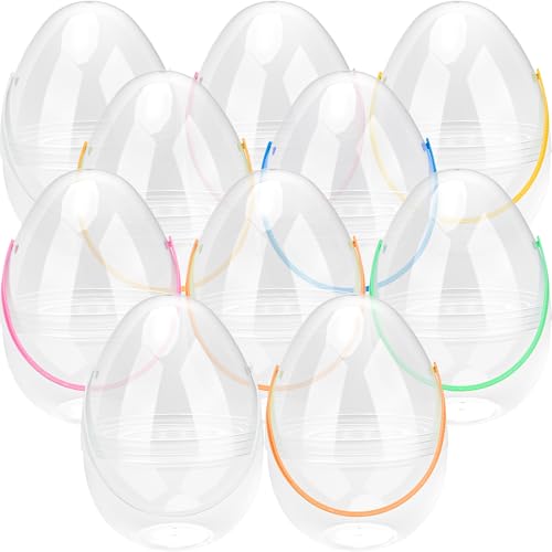 Restroma 10 Pack 10 Inch Giant Clear Easter Eggs DIY Jumbo Transparent Easter Eggs Fillable Oversized Plastic Eggs with Colorful Handles for Easter Hunt Decoration - Image 1
