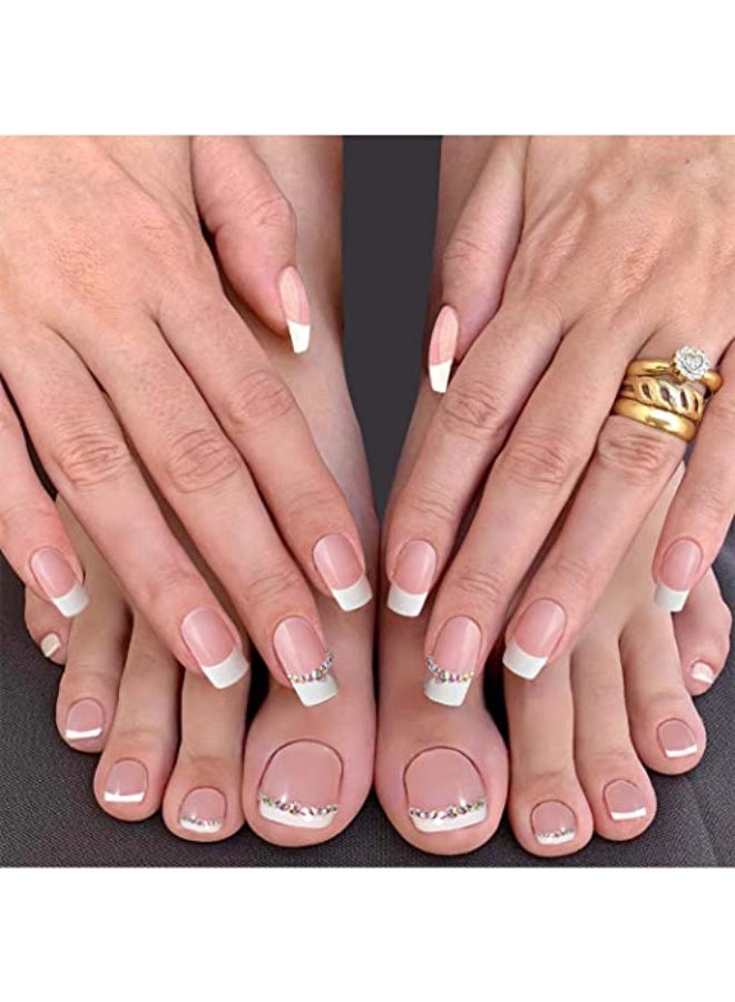 Outyua 48Pcs Press on Nails Toenails French Nail Tips Rhinstone Medium Length Flase Nail Finger Toe Nails Glossy Acrylic Fake Nail with Designs Rhinstones - Image 1