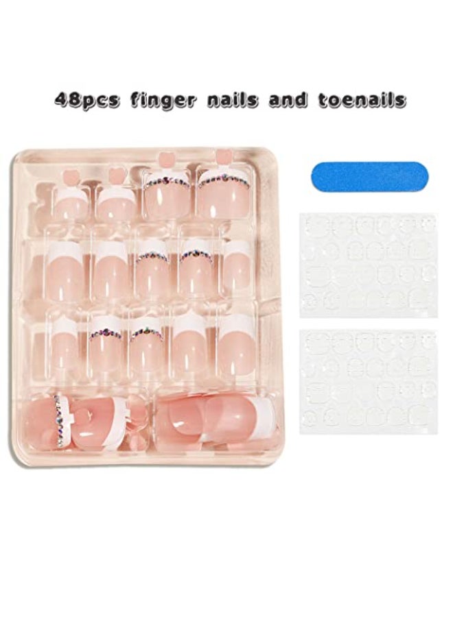 Outyua 48Pcs Press on Nails Toenails French Nail Tips Rhinstone Medium Length Flase Nail Finger Toe Nails Glossy Acrylic Fake Nail with Designs Rhinstones - Image 3