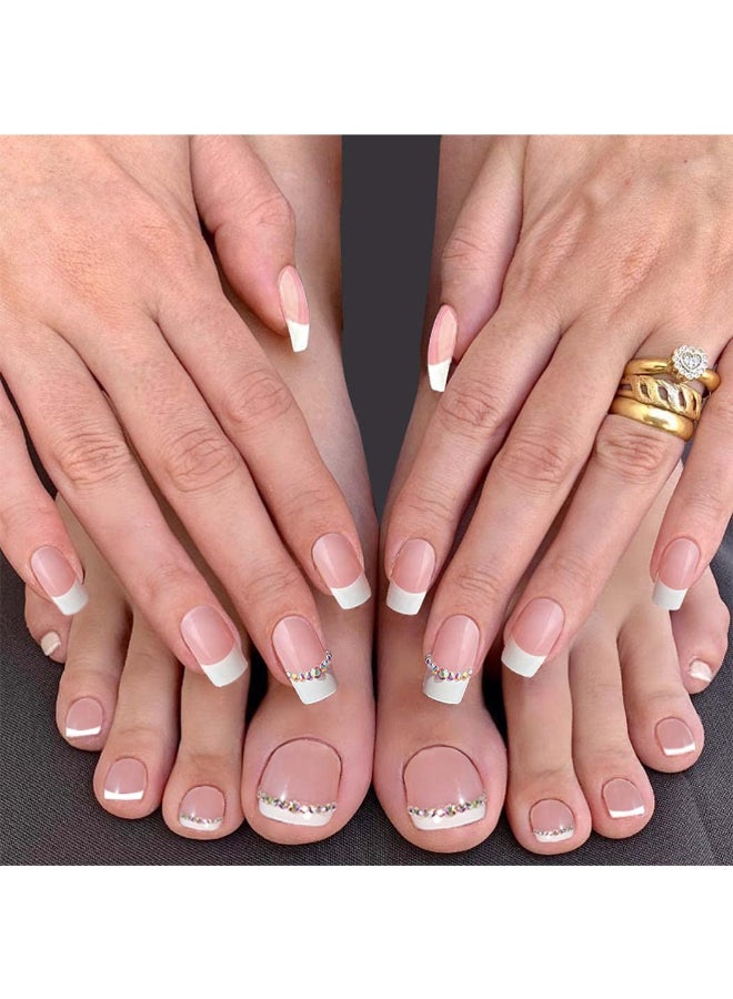 Outyua 48Pcs Press on Nails Toenails French Nail Tips Rhinstone Medium Length Flase Nail Finger Toe Nails Glossy Acrylic Fake Nail with Designs Rhinstones - Image 2