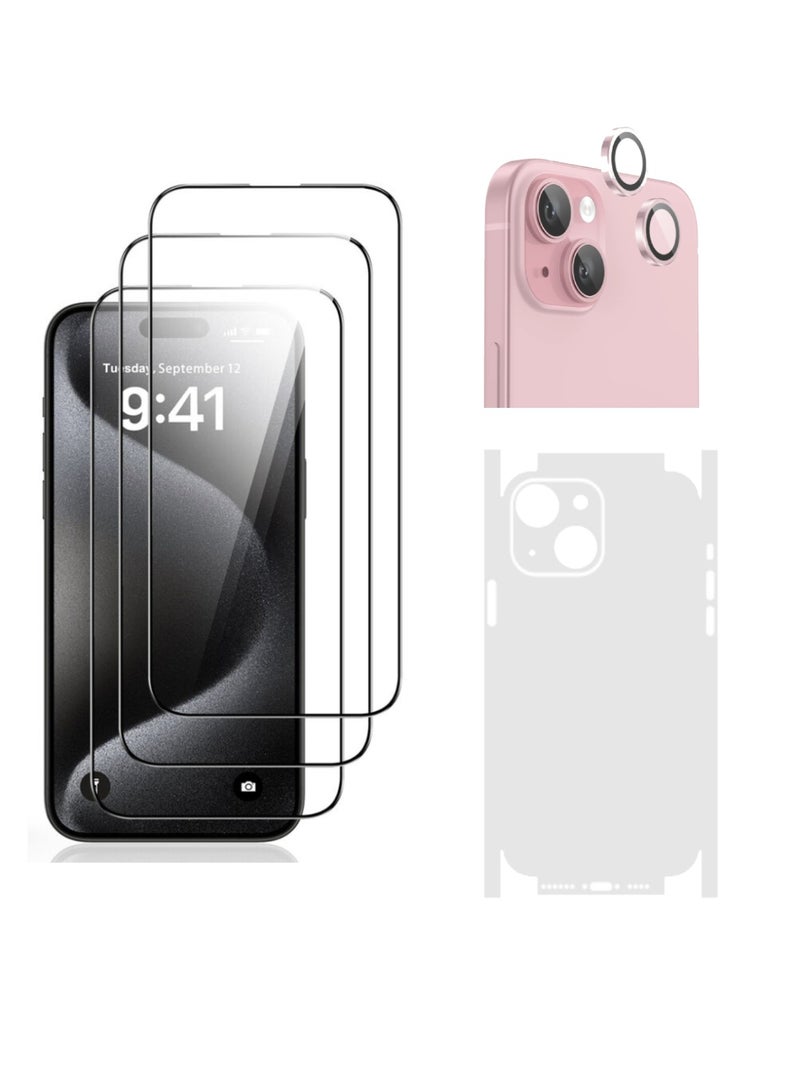 DIGI CORE iPhone 15 Screen Protector 3 Pack 6.1 Inch 2.5D Curved Edges With iPhone 15 Camera Lens Protector And Anti-Scratch iPhone 15 Back PVC Clear Sheet Set (Pink, iPhone 15) - Image 1
