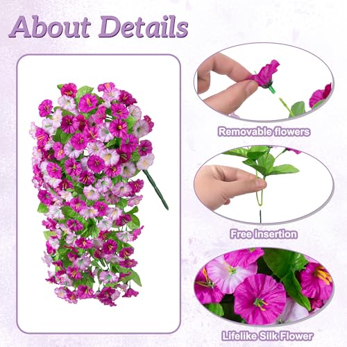 Ammyoo Artificial Faux Hanging Flowers Basket for Spring Summer Outdoor Porch Decoration, Fake Silk Colorful Morning Glory Eucalyptus in Planter UV Resistant for Home Balcony Yard(Red Purple) - Image 3