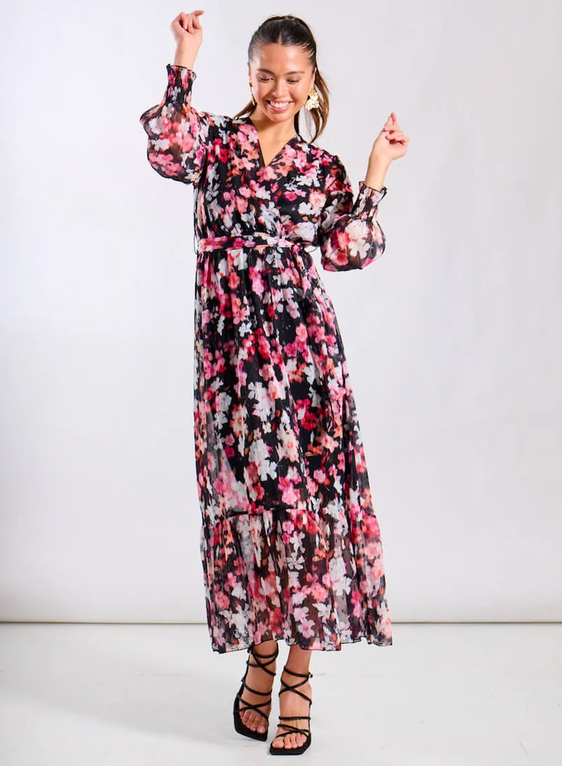 Needs No Label  Black Floral Chiffon Maxi Dress for Women | Best Price UAE