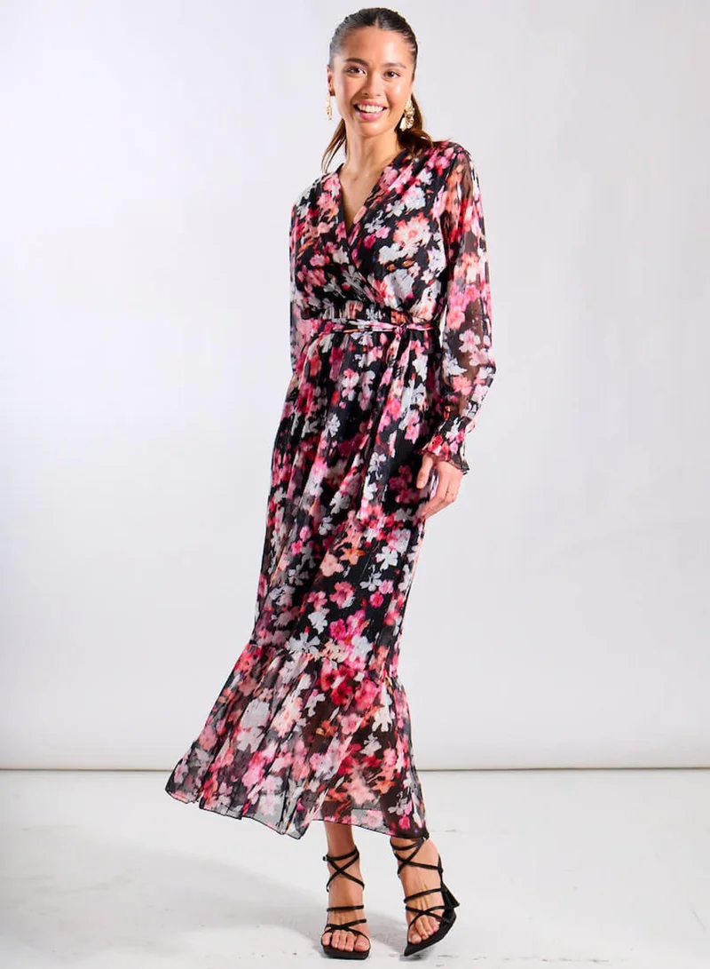Needs No Label Black Floral Chiffon Maxi Dress