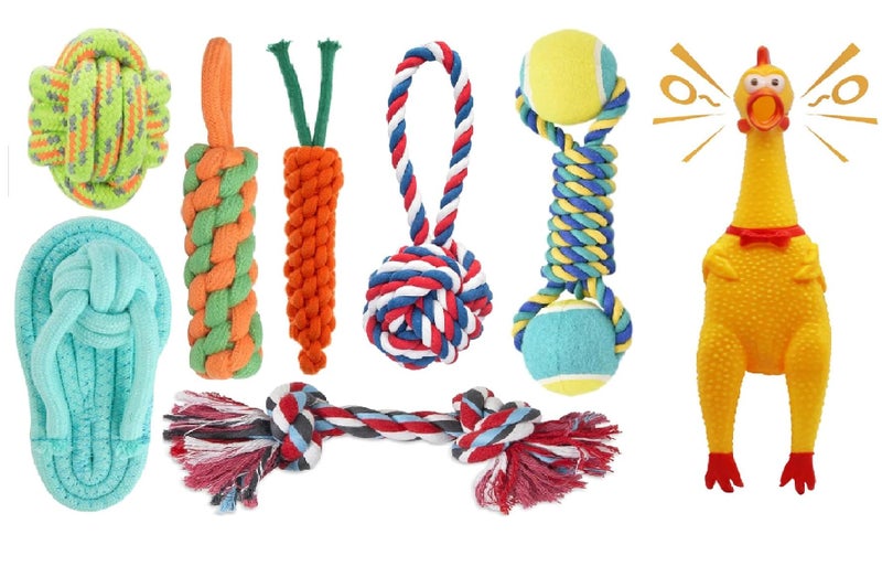 Agirav Dog Toy Set - Tail, Chew, and Rope Toys for Small to Medium Dogs - Tug Toy Pack of 8 - Image 1