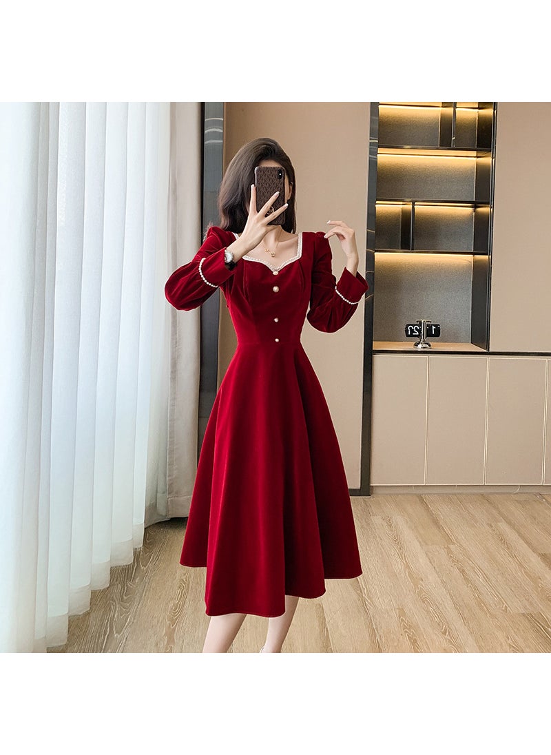 Generic - Burgundy Velvet Long Sleeve Engagement Dress for Petite Red - Image 1
