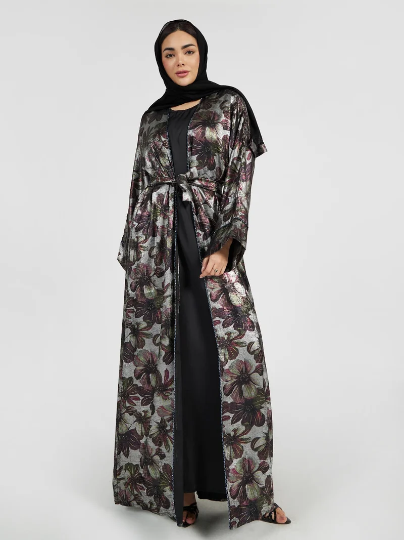 Modern Floral Metallic Kimono Abaya with Silver Accents
