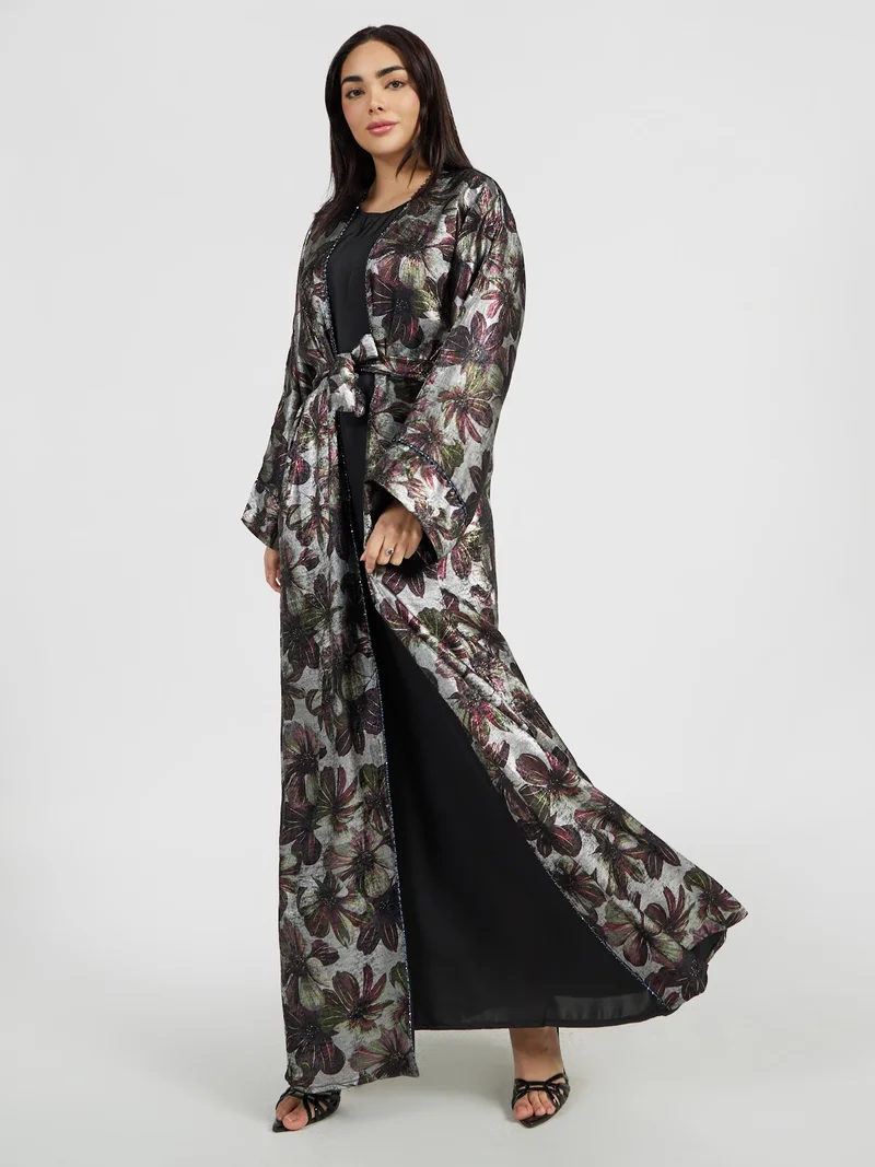 Reem Abayas Modern Floral Metallic Kimono Abaya with Silver Accents