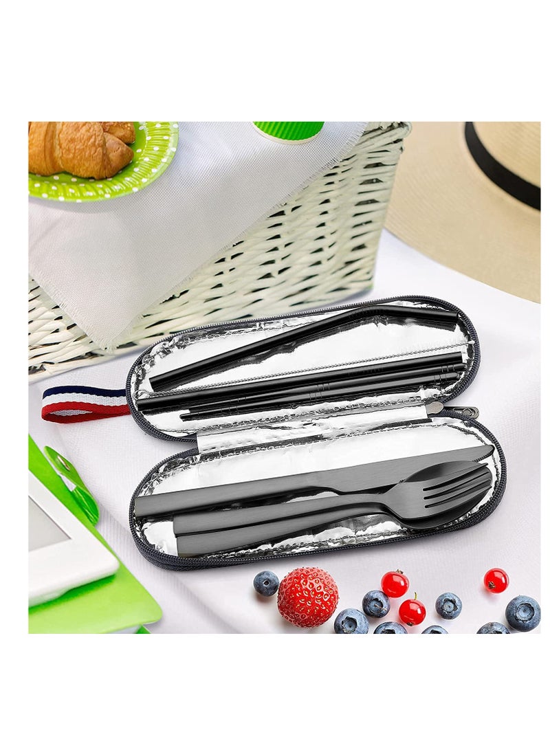 Excefore Matte Black Travel Equipment With Box Portable Stainless Steel Cutlery Reusable Camping Set Including Knife Fork Spoon Chopsticks Straw Cleaning Brush (8-Piece Set)  - Image 5