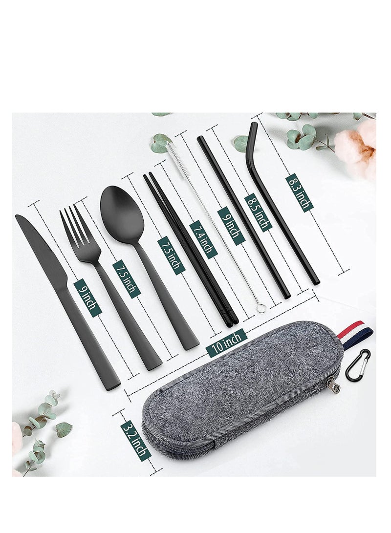Excefore Matte Black Travel Equipment With Box Portable Stainless Steel Cutlery Reusable Camping Set Including Knife Fork Spoon Chopsticks Straw Cleaning Brush (8-Piece Set)  - Image 4