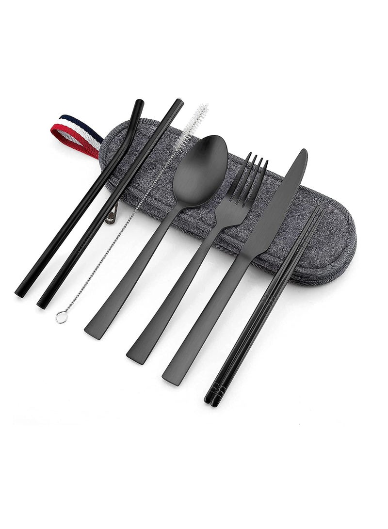 Excefore Matte Black Travel Equipment With Box Portable Stainless Steel Cutlery Reusable Camping Set Including Knife Fork Spoon Chopsticks Straw Cleaning Brush (8-Piece Set)  - Image 1