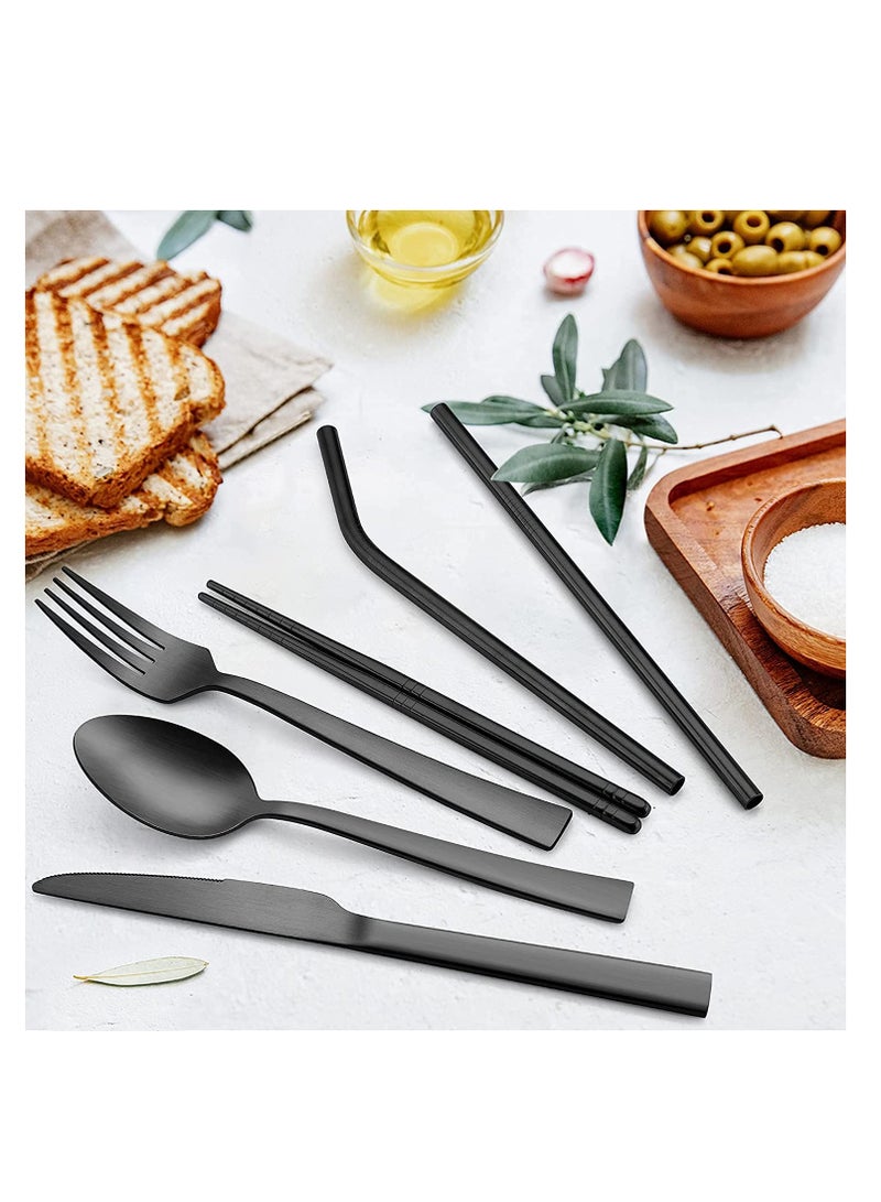 Excefore Matte Black Travel Equipment With Box Portable Stainless Steel Cutlery Reusable Camping Set Including Knife Fork Spoon Chopsticks Straw Cleaning Brush (8-Piece Set)  - Image 2