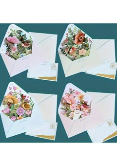 4pcs Delightful 3D Flower Pop-Up Card Set With Envelope and Tag for Birthday Anniversary