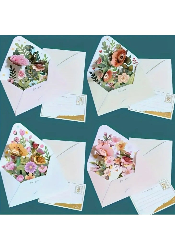 Generic - 4pcs Delightful 3D Flower Pop-Up Card Set With Envelope and Tag for Birthday Anniversary - Image 1
