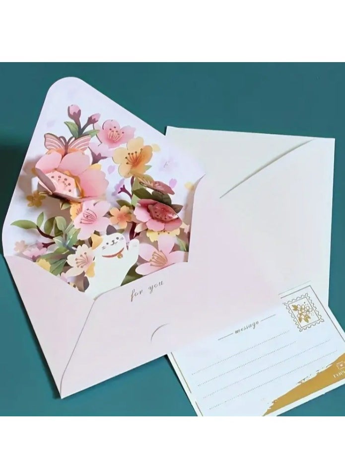 Generic - 4pcs Delightful 3D Flower Pop-Up Card Set With Envelope and Tag for Birthday Anniversary - Image 1