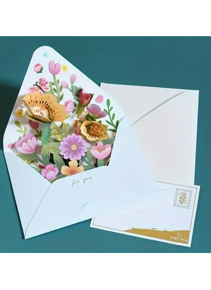 Generic - 4pcs Delightful 3D Flower Pop-Up Card Set With Envelope and Tag for Birthday Anniversary - Image 1