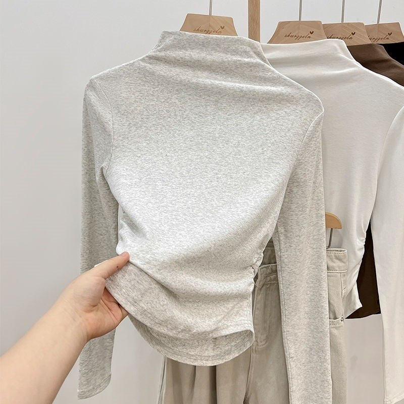 Half-High Collar Fleece Long-Sleeved T-Shirt Women'S Tie-Dyed Pleated Shoulder Design Sense Base Shirt With Short Top - Image 1