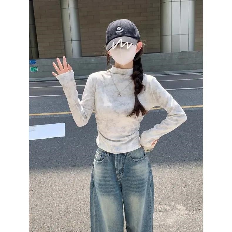 Half-High Collar Fleece Long-Sleeved T-Shirt Women'S Tie-Dyed Pleated Shoulder Design Sense Base Shirt With Short Top - Image 5