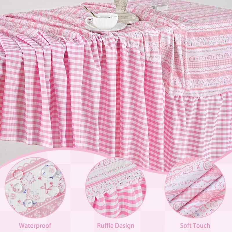 SoarDream Easter Tablecloth Pink Bunny Easter Ruffle Waterproof Table Cloth - 90 x 132 Inch Spring Flower Rabbit Eggs Rectangle Table Covers for Holiday Picnic Baby Shower Birthday Wedding Party Decoration - Image 4