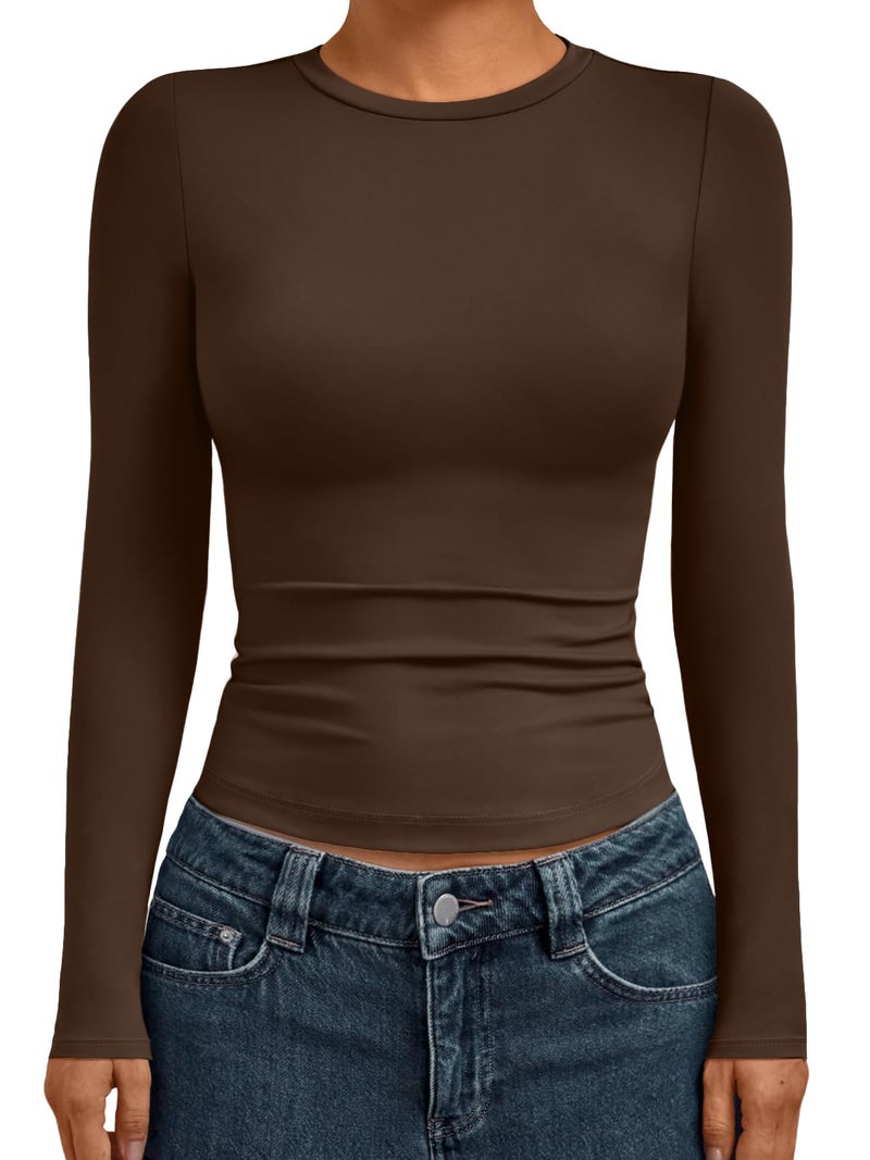 AUTOMET Womens Long Sleeve Shirts Basic Compression Going Out Crop Tops Fall Fashion Y2K Clothes 2025 Chocolate Brown XS - Image 1