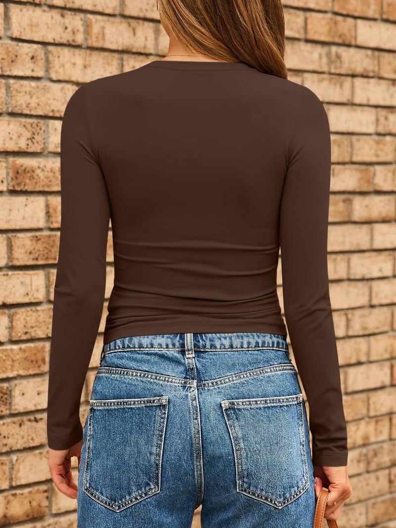 AUTOMET Womens Long Sleeve Shirts Basic Compression Going Out Crop Tops Fall Fashion Y2K Clothes 2025 Chocolate Brown XS - Image 4