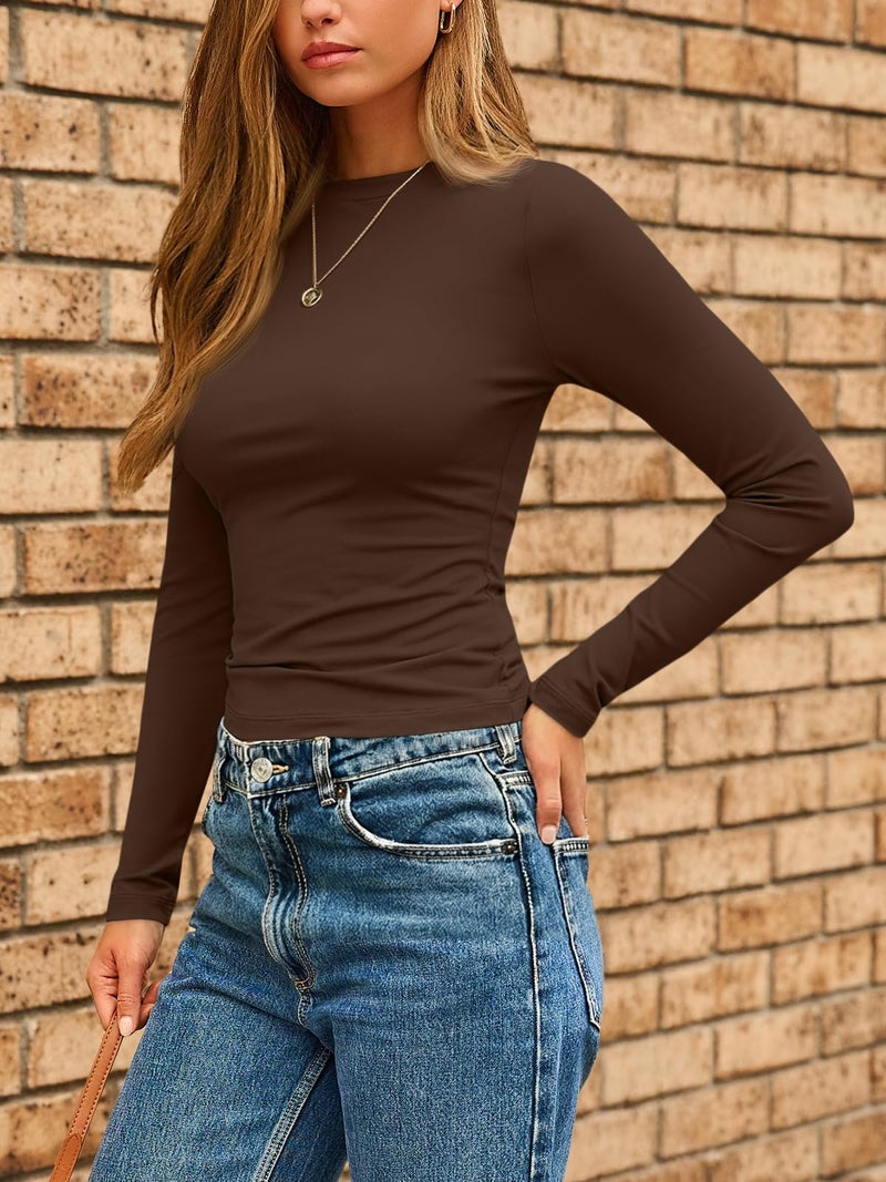 AUTOMET Womens Long Sleeve Shirts Basic Compression Going Out Crop Tops Fall Fashion Y2K Clothes 2025 Chocolate Brown XS - Image 3