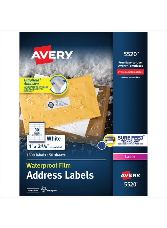 Avery Waterproof Printable Address Labels with Sure Feed, 1" x 2-5/8", White, 1,500 Blank Mailing Labels (5520) - Image 1