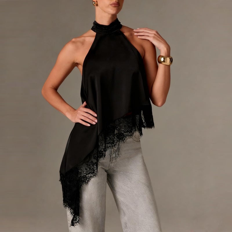 KMBANGI Women Satin Halter Top Y2K Mock Neck Lace Trim Asymmetrical Hem Tank Top Sleeveless Going Out Crop Tops B Black - Image 2