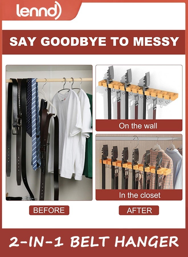 لينند علاقة أحزمة لخزانة الملابس بحد أقصى 42 حزامًا، منظم أحزمة يُثبّت على الحائط 2 في 1 مع خطافات دوارة 360 درجة، وربطة عنق خشبية ورف أحزمة لمنظمات إكسسوارات الخزانة والتخزين، سعة تخزين 12+11 - Image 3