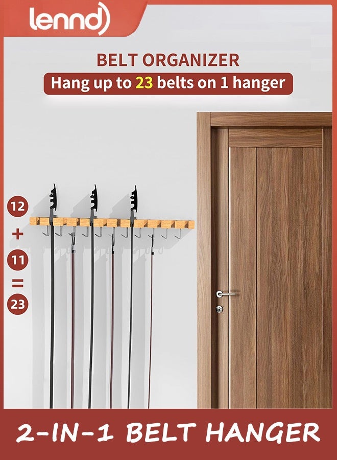 لينند علاقة أحزمة لخزانة الملابس بحد أقصى 42 حزامًا، منظم أحزمة يُثبّت على الحائط 2 في 1 مع خطافات دوارة 360 درجة، وربطة عنق خشبية ورف أحزمة لمنظمات إكسسوارات الخزانة والتخزين، سعة تخزين 12+11 - Image 4